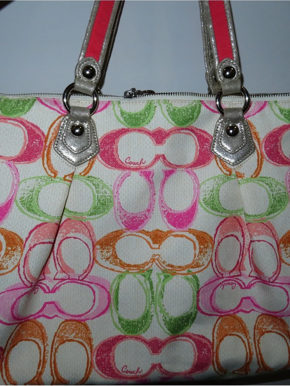 Coach Multicolor Signature Tote with Silver Accents and Pink Straps
